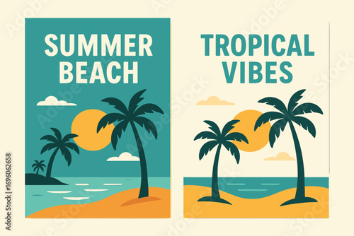 Two vertical A6 banners flat vector design turquoise and cream backgrounds tropical beach with palm trees and sun seaside theme first banner with text Summer Beach second banner with text.