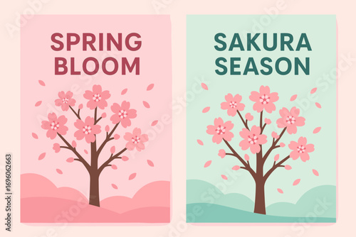 Two vertical A6 banners flat vector design pastel pink and mint backgrounds cherry blossom trees with petals falling spring theme first banner with text Spring Bloom second banner with text.