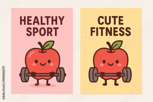 Two vertical A6 banners flat vector design pastel pink and backgrounds kawaii with dumbbell healthy sport food theme first banner with text Healthy Sport second banner with text Cute.