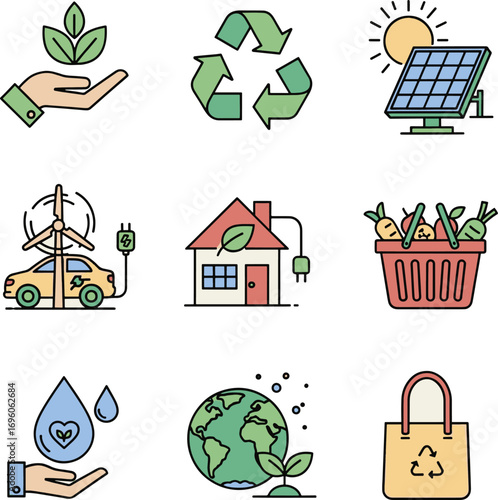 Environmental icons with recycling, solar panel, eco house, water, and sustainable lifestyle.