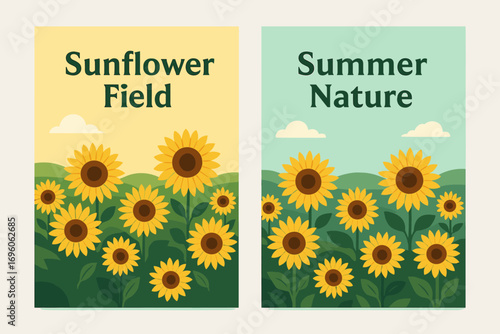 Two vertical A6 banners flat vector design pastel and mint backgrounds sunflower field under clear sky summer nature first banner with text Sunflower Field second banner with text Summer.