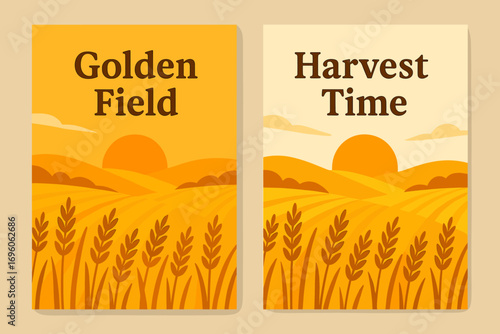 Two vertical A6 banners flat vector design gold and cream backgrounds wheat field under sunset agriculture landscape first banner with text Golden Field second banner with text Harvest Time.