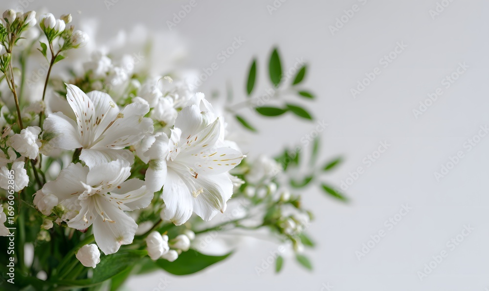 Fototapeta premium close up of a white flower bouquet in the top left corner of the frame isolated on a white background
