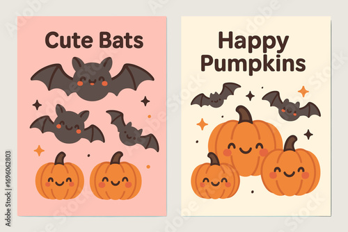 Two vertical A6 banners flat vector design pink and cream backgrounds cute bats flying kawaii pumpkins with happy faces playful halloween first banner with text Cute Bats second banner with.