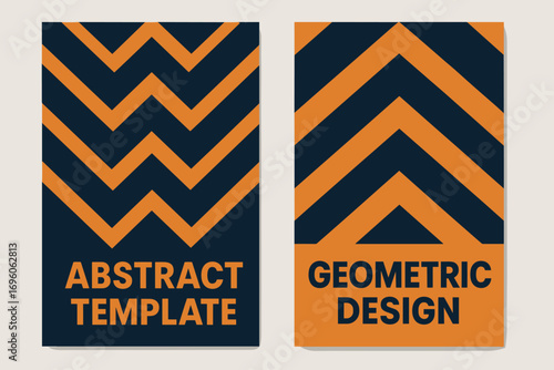 Two vertical A6 banners flat vector design navy and orange backgrounds zigzag chevron pattern bold minimal style first banner with text Abstract Template second banner with text Geometric.