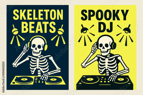 Two vertical A6 banners flat vector design navy and neon backgrounds skeleton DJs mixing music disco lights halloween party style first banner with text Skeleton Beats second banner with.