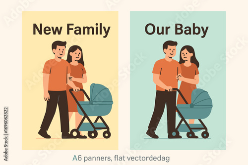 Two vertical A6 banners flat vector design pastel and mint backgrounds couple with baby stroller young family theme first banner with text New Family second banner with text Our Baby text.