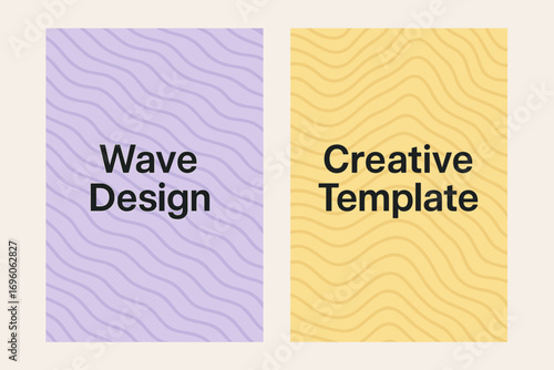 Two vertical A6 banners flat vector design pastel lavender and backgrounds abstract wavy lines seamless pattern first banner with text Wave Design second banner with text Creative Template.