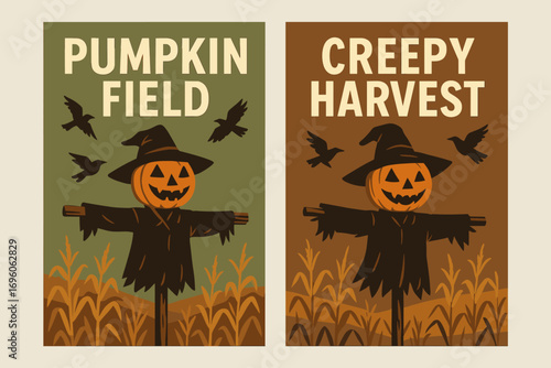 Two vertical A6 banners flat vector design olive green and brown backgrounds scarecrow with pumpkin head crows flying harvest field first banner with text Pumpkin Field second banner with.