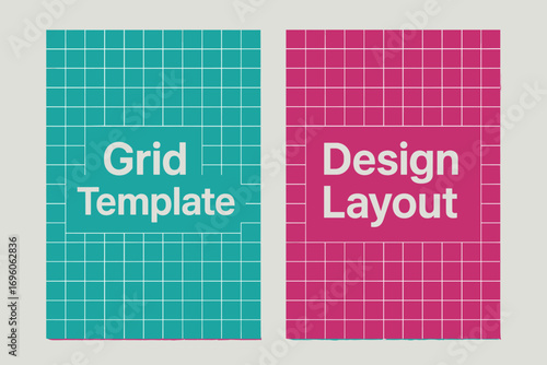 Two vertical A6 banners flat vector design turquoise and magenta backgrounds square grid pattern modern minimal first banner with text Grid Template second banner with text Design Layout.