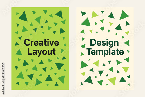 Two vertical A6 banners flat vector design lime green and cream backgrounds abstract triangles scattered geometric minimal first banner with text Creative Layout second banner with text.