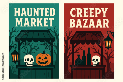 Two vertical A6 banners flat vector design turquoise and red backgrounds haunted market stalls spooky lanterns first banner with text Haunted Market second banner with text Creepy Bazaar.