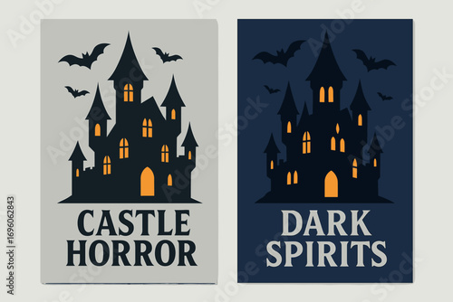 Two vertical A6 banners flat vector design silver and navy backgrounds gothic haunted castle glowing bats flying first banner with text Castle Horror second banner with text Dark Spirits.
