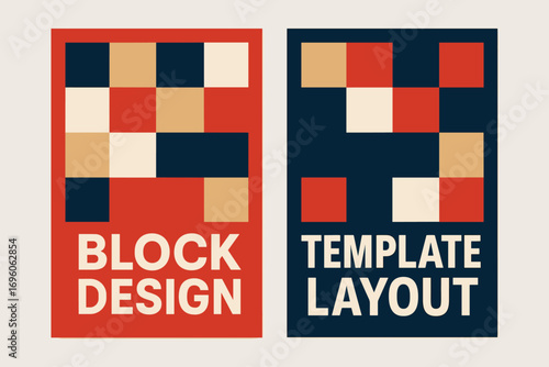 Two vertical A6 banners flat vector design red and navy backgrounds bold geometric square blocks strong layout first banner with text Block Design second banner with text Template Layout.
