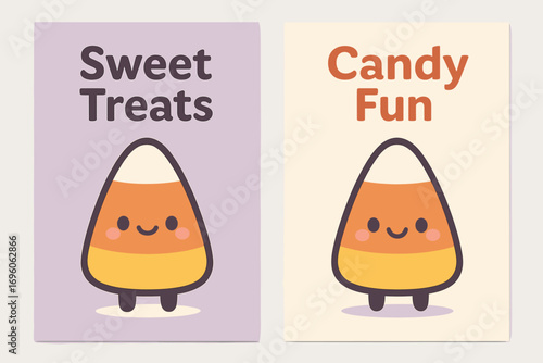 Two vertical A6 banners flat vector design pastel lilac and cream backgrounds cute candy corn characters kawaii halloween sweets first banner with text Sweet Treats second banner with text.