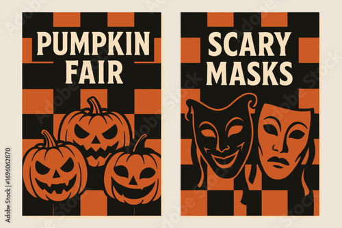 Two vertical A6 banners flat vector design black and orange checkerboard backgrounds creepy pumpkins carnival masks first banner with text Pumpkin Fair second banner with text Scary Masks.