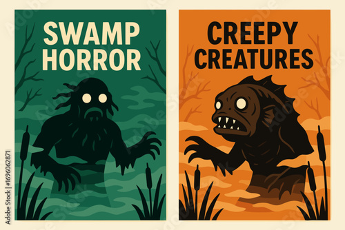 Two vertical A6 banners flat vector design emerald green and orange backgrounds creepy swamp monsters fog and cattails first banner with text Swamp Horror second banner with text Creepy.