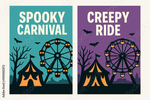 Two vertical A6 banners flat vector design cyan and violet backgrounds spooky carnival rides ferris wheel creepy tents first banner with text Spooky Carnival second banner with text Creepy.