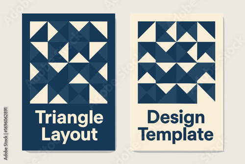 Two vertical A6 banners flat vector design navy and cream backgrounds triangles mosaic seamless pattern bold geometry first banner with text Triangle Layout second banner with text Design.