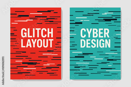 Two vertical A6 banners flat vector design red and turquoise backgrounds glitch distorted lines modern cyber style first banner with text Glitch Layout second banner with text Cyber Design.