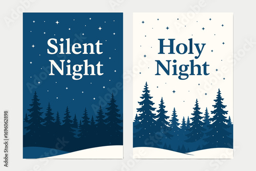 Two vertical A6 banners flat vector design blue and white backgrounds snowy pine forest silhouettes winter night with stars first banner with text Silent Night second banner with text Holy.