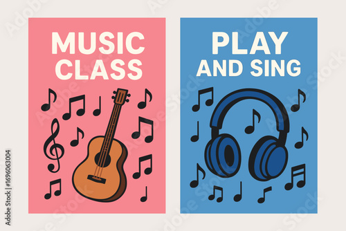 Two vertical A6 banners flat vector design pink and blue backgrounds music notes with guitar and headphones school music theme first banner with text Music Class second banner with text.