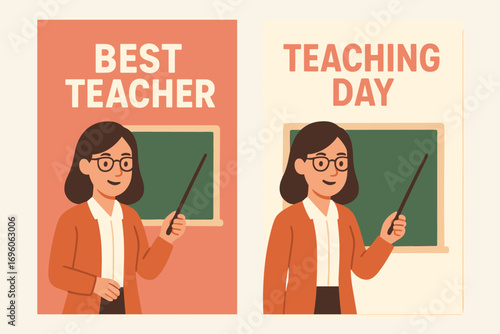 Two vertical A6 banners flat vector design coral pink and cream backgrounds teacher with pointer and chalkboard classroom education theme first banner with text Best Teacher second banner.