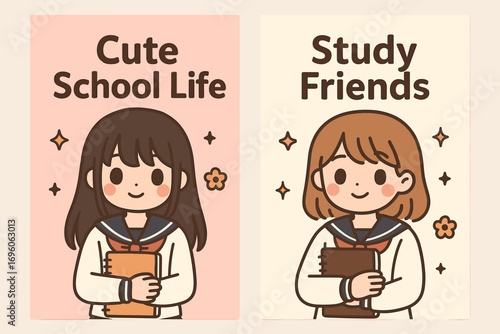 Two vertical A6 banners flat vector design pastel pink and cream backgrounds kawaii schoolgirls holding notebooks anime cute theme first banner with text Cute School Life second banner with.