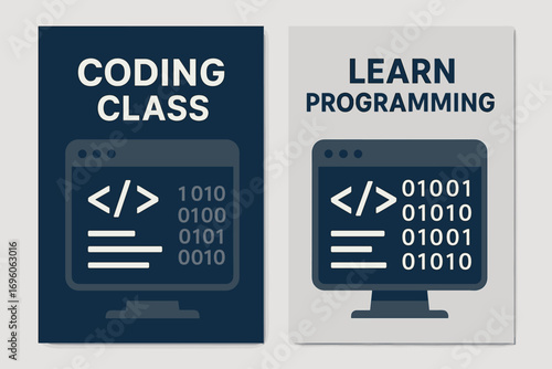 Two vertical A6 banners flat vector design navy and silver backgrounds computer coding screen with binary numbers education theme first banner with text Coding Class second banner with text.