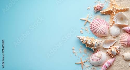 Decorative Arrangement of Seashells and Starfish on Sandy Beach Background fo...