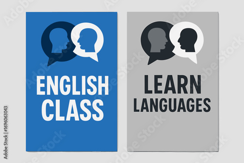 Two vertical A6 banners flat vector design blue and silver backgrounds debate speech bubble icons language theme first banner with text English Class second banner with text Learn Languages.