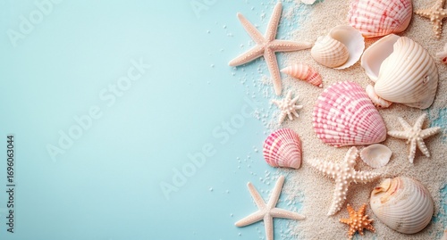Decorative Arrangement of Seashells and Starfish on Sandy Beach Background fo...