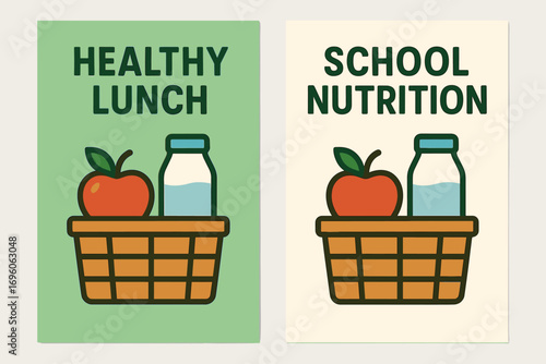 Two vertical A6 banners flat vector design light green and cream backgrounds farmer market basket with and milk school nutrition theme first banner with text Healthy Lunch second banner.