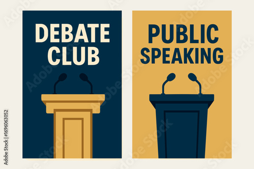 Two vertical A6 banners flat vector design dark blue and gold backgrounds debate stage podiums with microphones first banner with text Debate Club second banner with text Public Speaking.