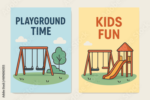 Two vertical A6 banners flat vector design pastel blue and backgrounds playground with swings and slide elementary school fun first banner with text Playground Time second banner with text.