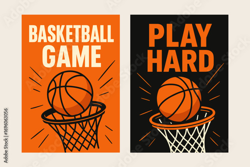 Two vertical A6 banners flat vector design orange and black backgrounds basketball ball with hoop dynamic sports theme first banner with text Basketball Game second banner with text Play.