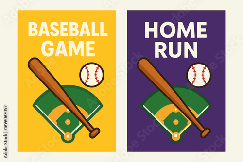 Two vertical A6 banners flat vector design and purple backgrounds baseball bat with ball sports field first banner with text Baseball Game second banner with text Home Run text clear.