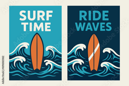 Two vertical A6 banners flat vector design cyan and dark blue backgrounds surfing board with ocean waves summer sport theme first banner with text Surf Time second banner with text Ride.