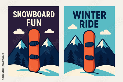 Two vertical A6 banners flat vector design dark purple and cyan backgrounds snowboard with mountains winter sport theme first banner with text Snowboard Fun second banner with text Winter.