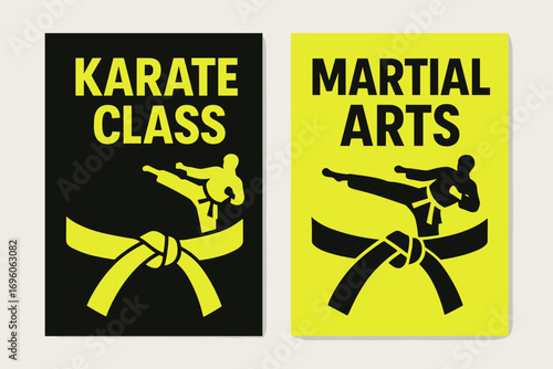 Two vertical A6 banners flat vector design black and neon backgrounds martial arts karate belt with silhouette kick first banner with text Karate Class second banner with text Martial Arts.