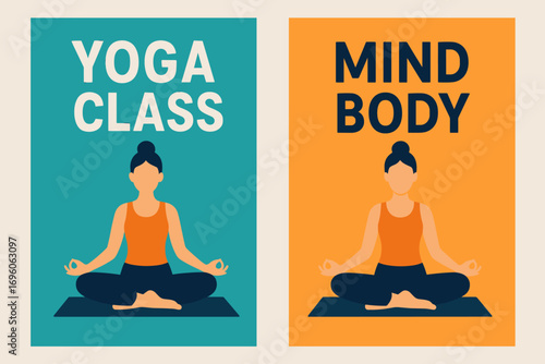 Two vertical A6 banners flat vector design turquoise and orange backgrounds yoga mat with person in lotus pose wellness theme first banner with text Yoga Class second banner with text Mind.