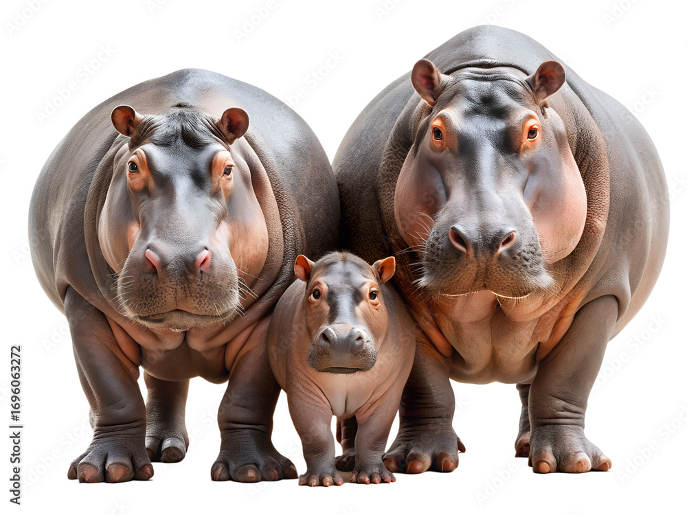 Fototapeta premium Adorable hippopotamus family isolated on transparent background, showcasing their gentle nature and close bond in a heartwarming image