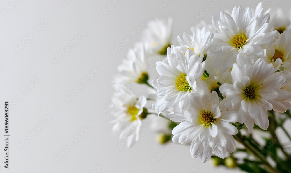 Obraz premium close up of a white flower bouquet in the top left corner of the frame isolated on a white background