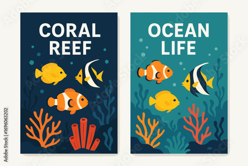 Two vertical A6 banners flat vector design navy and cyan backgrounds coral reef with tropical fish underwater nature first banner with text Coral Reef second banner with text Ocean Life.