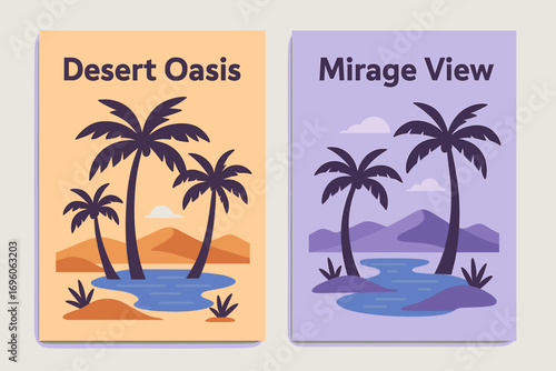 Two vertical A6 banners flat vector design pastel orange and lavender backgrounds desert oasis with palm trees exotic water theme first banner with text Desert Oasis second banner with text.