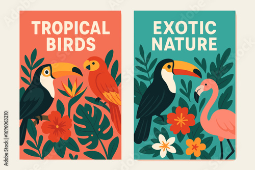 Two vertical A6 banners flat vector design coral and turquoise backgrounds tropical birds with jungle flowers exotic wildlife theme first banner with text Tropical Birds second banner with.