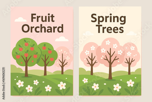 Two vertical A6 banners flat vector design pastel pink and cream backgrounds blossom orchard with fruit trees spring nature first banner with text Fruit Orchard second banner with text.
