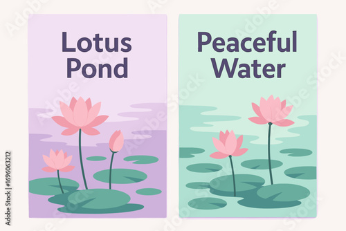 Two vertical A6 banners flat vector design pastel purple and mint backgrounds lily pond with lotus flowers peaceful water scene first banner with text Lotus Pond second banner with text.