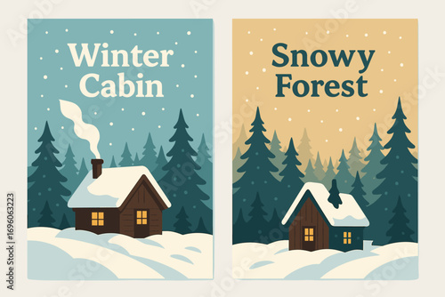 Two vertical A6 banners flat vector design pastel blue and gold backgrounds snowy cabin in pine forest winter holiday landscape first banner with text Winter Cabin second banner with text.