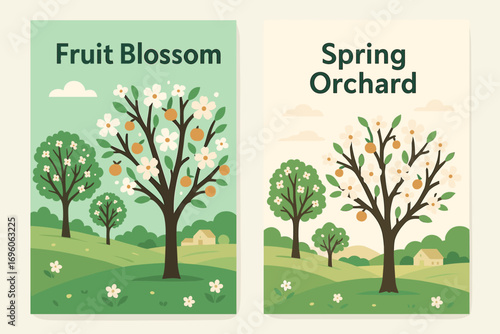 Two vertical A6 banners flat vector design mint and cream backgrounds blooming orchard with fruit trees spring countryside first banner with text Fruit Blossom second banner with text.